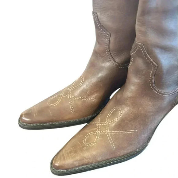 Franco Sarto Brown Leather Pointed Toe Western Boots with Stitching Size 5 - Picture 4 of 10